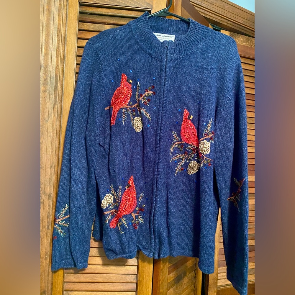 Vintage Blue Cardigan with Red Cardinal Embroidery